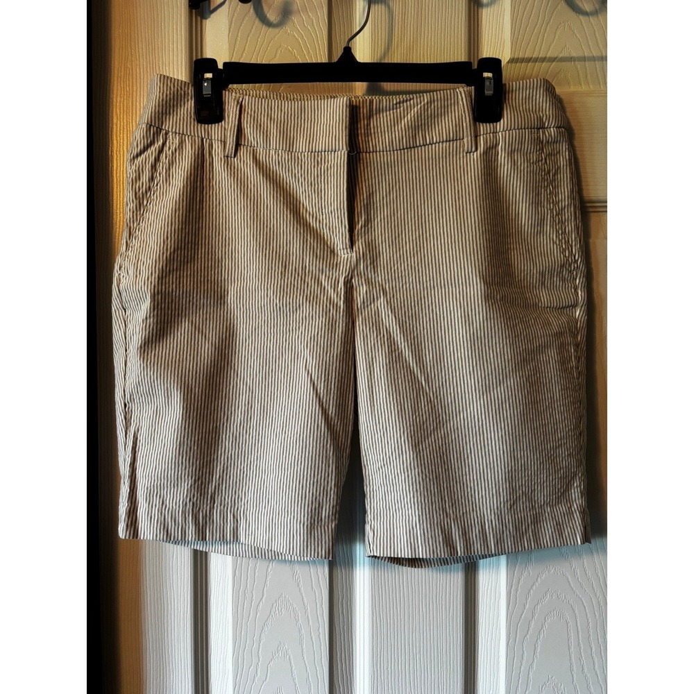 Cynthia Rowley Womens Seersucker Striped Shorts Tan White Size 10 Preppy Summer